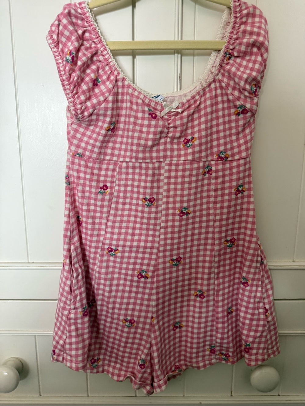 Old Navy Pink Gingham Romper with White Lace Trim